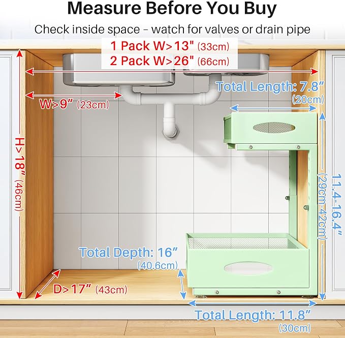 Under Sink Organizer, 2 Tier Pull Out Under Cabinet Organizer Shelf with Pad for Framed Cabinets, Metal Slide Out Under Sink Storage, Mesh Sliding Drawers for Kitchen Bathroom Laundry(Green, 1 Pack)