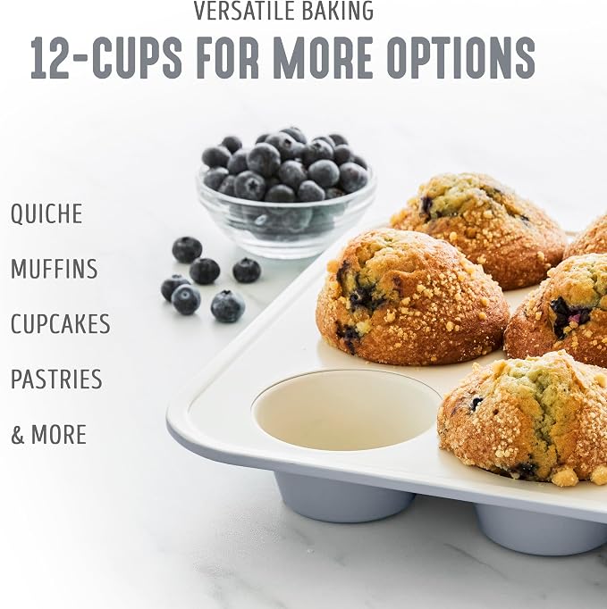 GreenLife 12 Cup Ceramic Nonstick Muffin Pan, Gray | 11.4" x 1.9" x 15.9", PFAS-Free Nonstick, Cupcake Tin, Easy Release, Even Heating, Wipe Clean, Heavy Duty, Warp Resistant