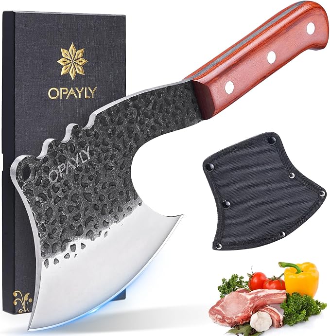 OPAYLY Meat Bone Cleaver Knife Heavy Duty Bone Choppe for Meat Cutting Hand Forged Butcher Axes with Cover cleavers High Carbon meat cleaver for Kitchen Outdoor Camping BBQ gifts for men