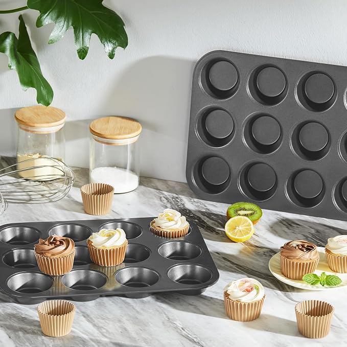 Muffin Pans with 120 Natural Parchment Liners, Nonstick Cupcake Baking Tray for Oven, Premium Standard Size, 12 Cup, 2 Pack, Dark Grey