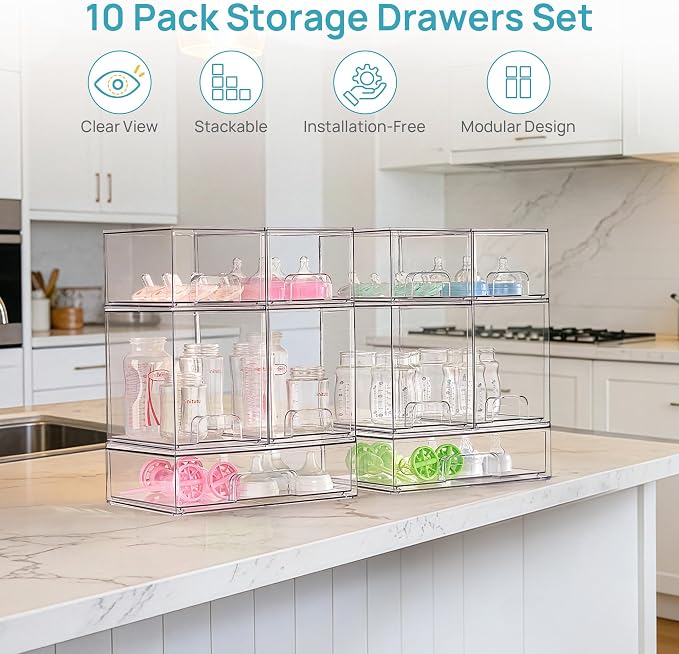 Vtopmart Clear Stackable Storage Drawers Set of 10, Baby Bottle Organizer | Multi-purpose Boxes for Bathroom Accessories, Beauty Supplies, Ideal for Kichen Countertop, Bathroom, Pantry Organization