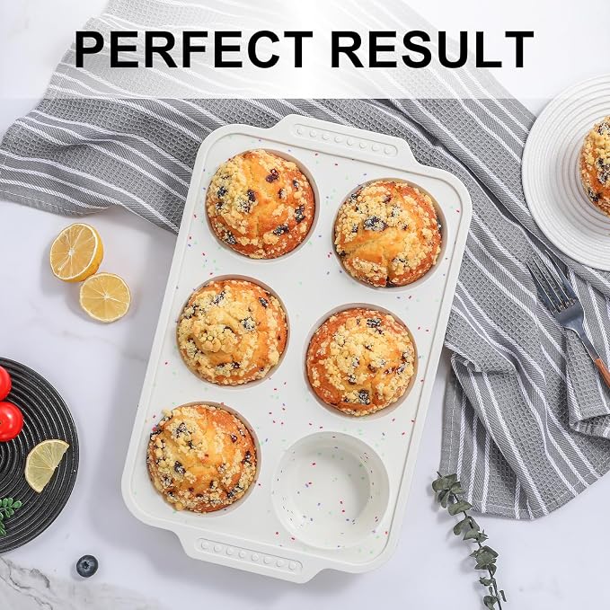 Vinino Silicone Jumbo Muffin Pan with Reinforced Frame for Oven, BPA-Free | 6-Cup Jumbo Size Silicone Muffin Pan for Baking with Non-Slip Handle, Nonstick Muffin Tray Dishwasher Safe, Cream
