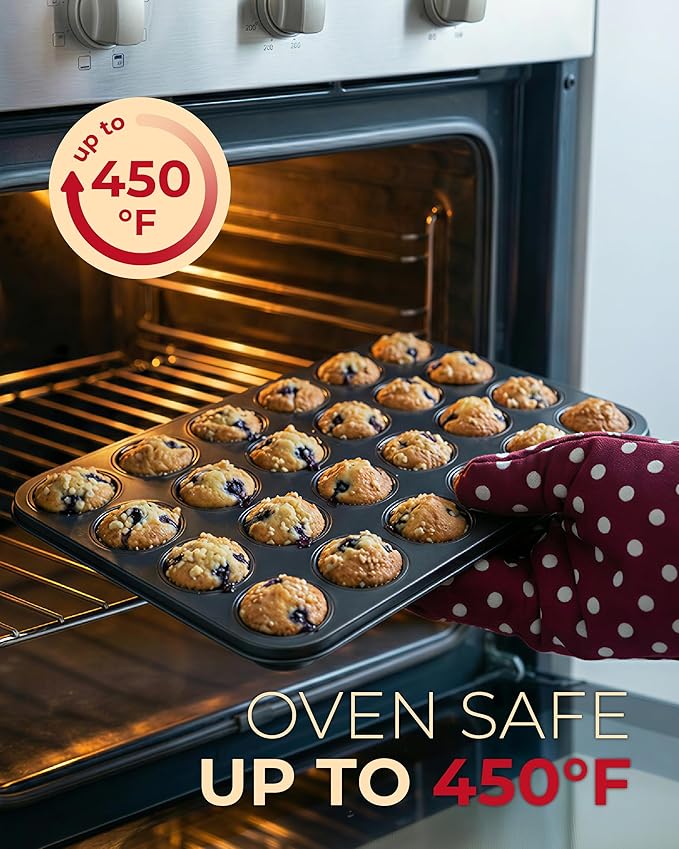 CARTMAN 24-Cup Mini Muffin Pan, Nonstick Carbon Steel Mini Cupcake Tin | Includes 200 paper liners, 24-cup nonstick carbon steel, oven safe 450°F, ideal for egg bites, mini cupcakes & brownies