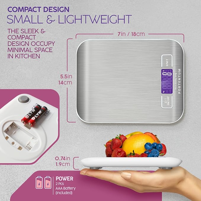 PORTENTUM Digital Kitchen Scales 5kg/11lb with Large LCD Display, Food Scales with Large Stainless Steel Weighing Surface, Liquid Measurement, High Precision up to 1 g, Tare Function,