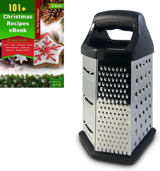 Box Graters for Kitchen, 6 Sided, Multi-purpose Cheese and Veggie Cutter, Stainless Steel With Cooking Secrets Ebook