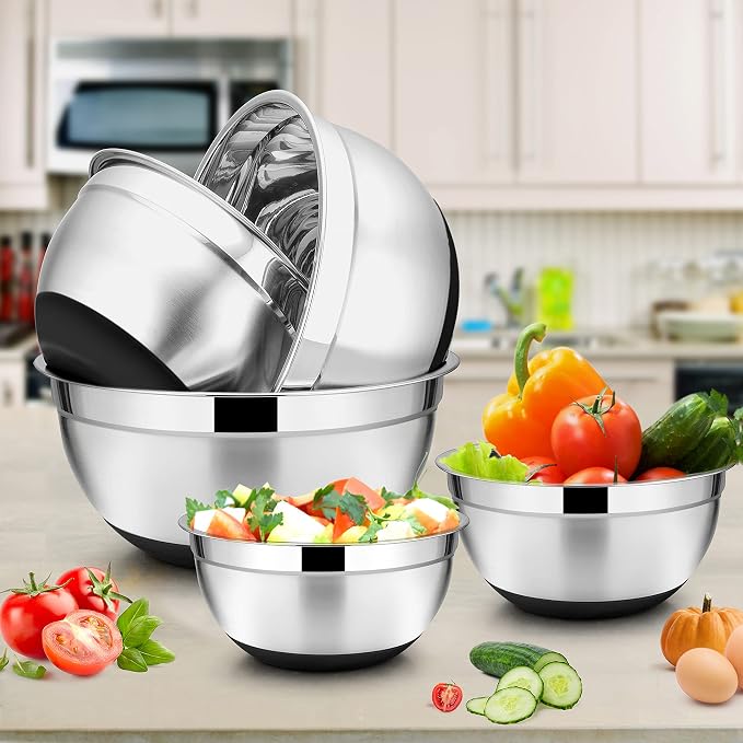E-far Stainless Steel Mixing Bowls Set of 5, Size 7/3.5/2.5/1.5/1 QT, Metal Nesting Bowls with Black Airtight Lids & Non-Slip Bottoms, Great for Kitchen Cooking, Baking, Serving, Food Prep