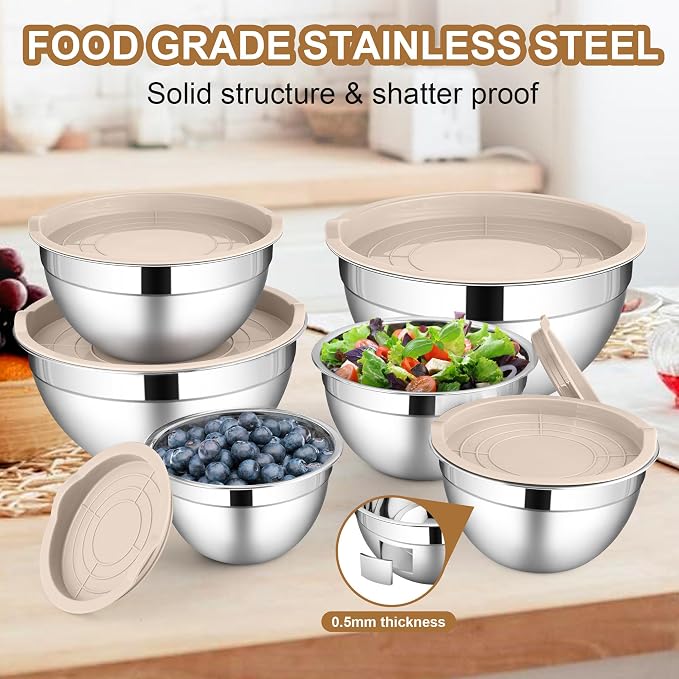 LIANYU 6 PCS Mixing Bowls with Lid Set, Size 7 & 3.5 & 2.5 & 2 & 1.5 & 1QT | Stainless Steel Cooking Serving Bowls, Kitchen Metal Nesting Bowl for Prepping & Food Storage, Dishwasher Safe, Khaki