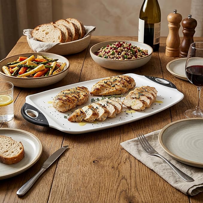 Dexas Chop & Serve Cutting Board, 12.5 x 20 Inch, Large Kitchen Prep and Serving Board with Handles, BPA-Free Dishwasher Safe, White and Black