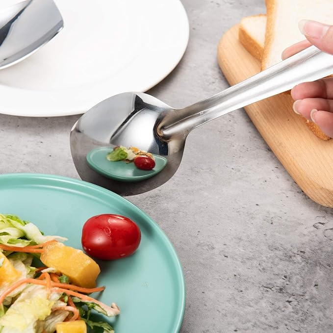 IMEEA 10-Inch Flat Bottom Solid Cooking Spoon Set of 2, 18/8 Stainless Steel Scraping Spoon for Stirring, Roux, Sauces, Cast Iron & Skillet Cooking