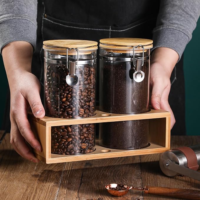 Glass Coffee Storage Container with Bamboo Shelf, 2PCS 49oz Airtight Sealed Coffee Bean Jar with Clamp Lid & Measuring Spoon, Kitchen Pantry Canister Set for Ground Coffee Sugar Tea Flour