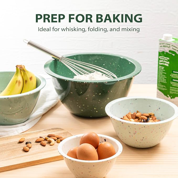 Confetti Melamine Mixing Bowls Set, 4 Piece Nesting BPA free Green | 4-Piece Kitchen Serving Bowls (18oz, 1.25QT, 2.5QT, 4QT) dishwasher safe, stackable and space-saving.