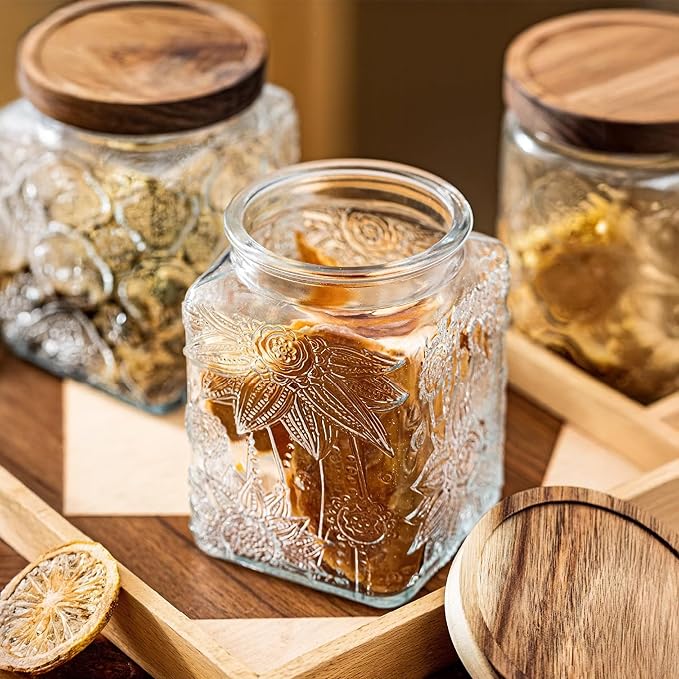 Glass Storage Jars With Airtight Lid, 23.7oz Container For Kitchen Counter with Wood Lid, brown sugar, candy, coffee, cookie, salt, tea, cute Jar (Square Sunflower*1)