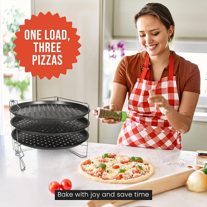 Chef Pomodoro Pizza Rack and Pan Baking Set, 13 Inch Foldable Cooling Stand | Space-Saving Foldable Design, Stainless Steel Cooling Rack for Oven & Grill, Non-Stick Perforated Serving Trays