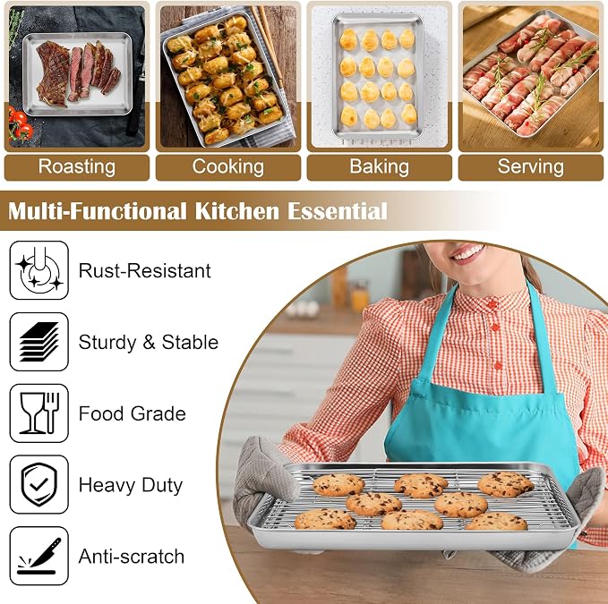 E-far Baking Sheet with Wire Rack (2 Pans + 2 Racks), Stainless Steel Cookie Sheets Pan & Cooling Rack for Baking Cookies Cake, Non Toxic & Heavy Duty, Oven & Dishwasher Safe, 12.4 x 9.7 x 1 Inch