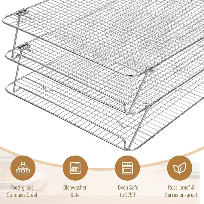 Stainless Steel Stackable Cooling Rack for Baking, 3-Tier Cooling Rack Set, Stackable Heavy Duty Stainless Steel Wire Racks, for Baking Cooking Grilling, Oven & Dishwasher Safe, 12”x 16.5”, Silver