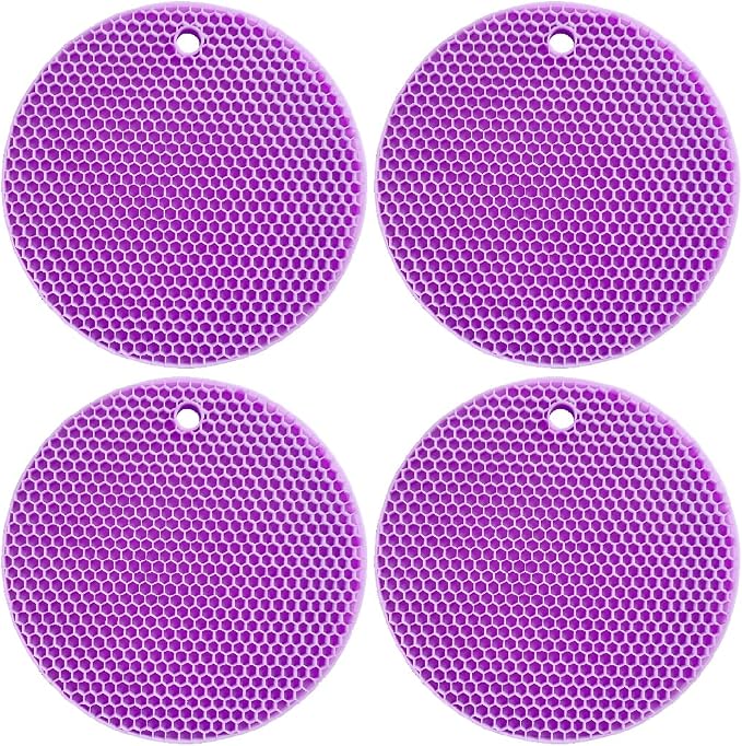 7-Inch Round Silicone Trivet Mats - 4-Pack Non-Slip Heat Resistant Hot Pads for Kitchen Countertops, Pots and Pans (Purple)