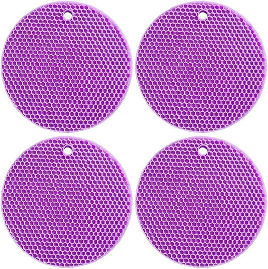 7-Inch Round Silicone Trivet Mats - 4-Pack Non-Slip Heat Resistant Hot Pads for Kitchen Countertops, Pots and Pans (Purple)