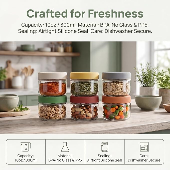 10 oz Small Glass Containers with Lids, Food Storage Jars, 6pk | Perfect for Chia Pudding Jam Snacks Yogurt Overnight Oats Candy ,Dishwasher safe,Airtight