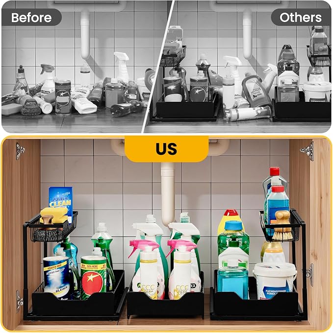 3 Pack, Under Sink Organizer 2-Tier with Slide Out Lower Drawer - Metal Pull Out Cabinet Organizer for Kitchen Bathroom, Includes Removable Center Basket & Storage Shelves, Space Saving Design