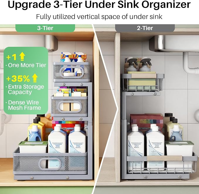 Kitstorack Under Sink Organizer, 1-Pack 3-Tier Height Adjustable Thickened Metal Pull out Cabinet Organizer Shelf, Slide out Storage Drawer Rack for Bathroom Kitchen Pantry Home Organization, Grey
