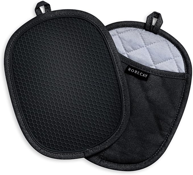RORECAY 2-Pack Silicone Pot Holders for Kitchen, Hot Pad with Pocket, Black | Heat Resistant up to 500°F, Quilted Cotton Potholders, Non-Slip & Waterproof Trivets for Hot Pots, Pans, and Countertops