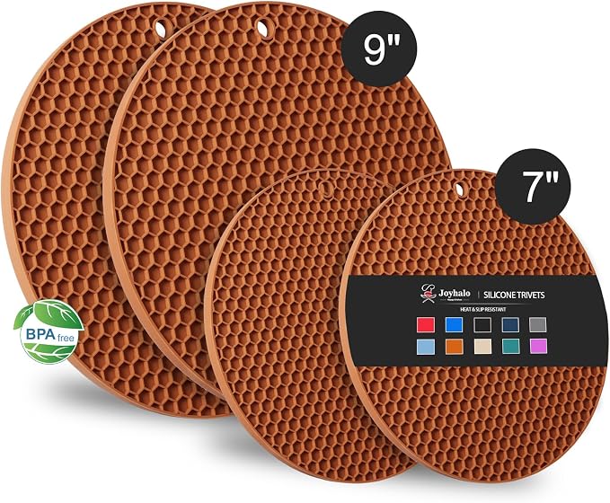 4 Pack Silicone Trivet for Hot Dishes | Heat Resistant Silicone Pot Holders for Kitchen Countertops, Hot Dishes, Jar Opener, Spoon Holder, Easy to Wash, Brown
