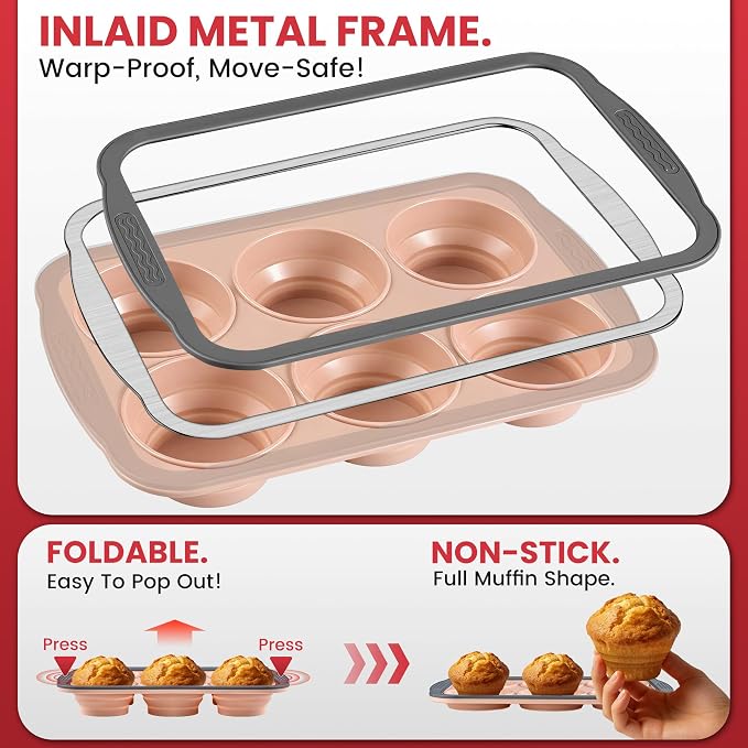 Silicone Muffin Pan - 6 Cups Regular Size Cupcake Pan Egg Bite Molds Muffin Pans for Baking - Nonstick, Easy to Pop, Bakeware for Oven Dishwasher Safe, BPA Free (6-Cups Pink)