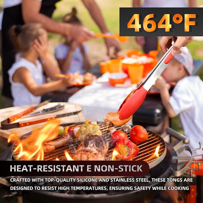 Pack of 3 Stainless Steel Kitchen Tongs with Silicone Tips – Non-Stick Cooking, Grilling & BBQ Tongs for Serving, Dishwasher Safe, 7", 9" & 12" (Pack of 3 Multi-Color)