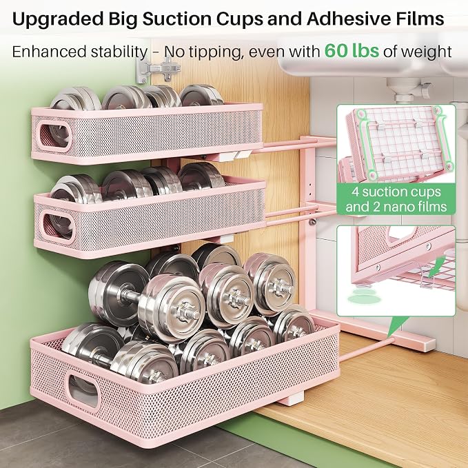 Kitstorack Under Sink Organizer, 2-Pack 3-Tier Height Adjustable Thickened Metal Pull out Cabinet Organizer Shelf, Slide out Storage Drawer Rack for Bathroom Kitchen Pantry Home Organization, Pink