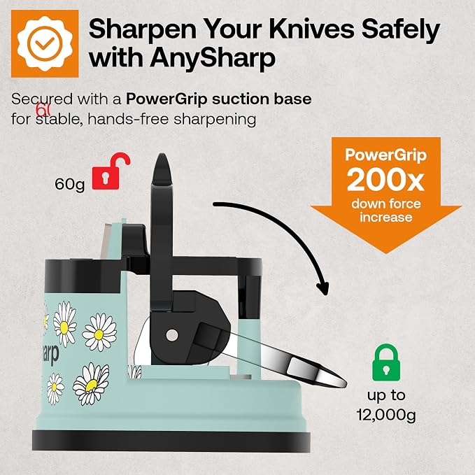 AnySharp – Editions – Hands Free Knife Sharpener - Easy to Use Sharpening Tool with PowerGrip Suction Base and 20-Degree Pre-Set Angle - for All Knives: Chef's, Serrated, and Hardened Steel - Daisy
