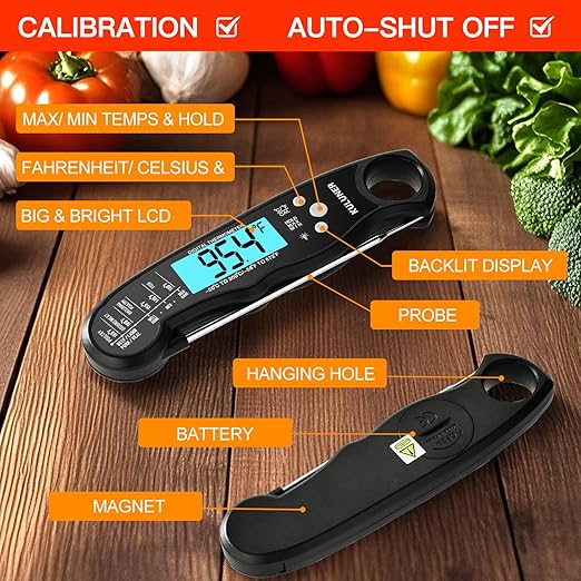 KULUNER Digital Meat Thermometer Instant Read, Waterproof Probe with Backlight & Calibration, Ultra Fast 2-3s Reading, Stainless Steel Kitchen Food Thermometer for Grilling BBQ Cooking Candy - Black