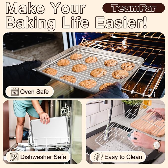 TeamFar Baking Sheet with Rack Set, 3 Pans + 3 Racks, 17.6/12.5/10.5 Inch | Stainless Steel Cookie Sheets Baking Pans Trays and Cooling Racks for Cooking, Non-Toxic & Heavy Duty, Dishwasher Safe