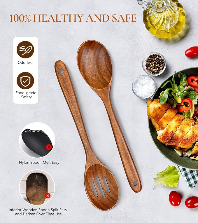 2Pcs Wooden Spoons for Cooking, Natural Premium Teak Wooden Spoon & Slotted Spoon, Good Grip Large Cooking Spoons Spatula, Heat Resistant Wooden Kitchen Cooking Utensils Set for Nonstick Cookware