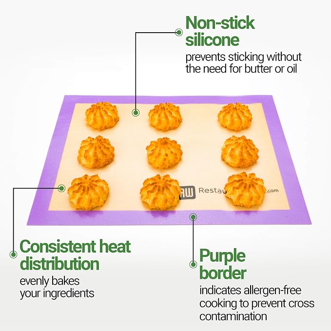 Restaurantware Half Size Baking Mat 1 Heat-Resistant Cooking Mat - Allergen-Safe Reusable And Ultra-Durable Tan And Purple Silicone Nonstick Mat For Pans And Rolling 11.8 x 15.75 Inch