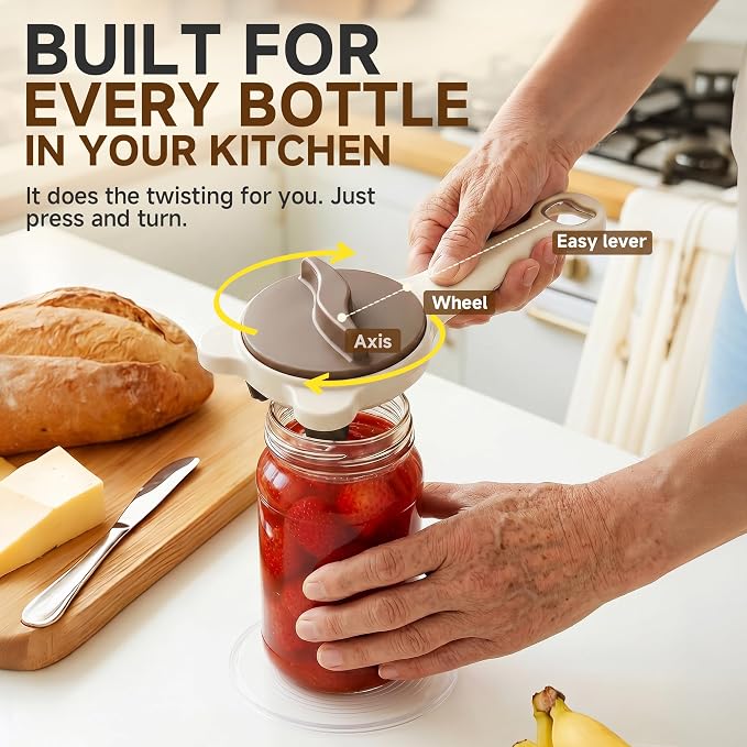 2026 Upgraded 4-in-1 Jar Opener - Adjustable Stainless Steel Lid Remover for Seniors & Arthritis Sufferers (Brown)