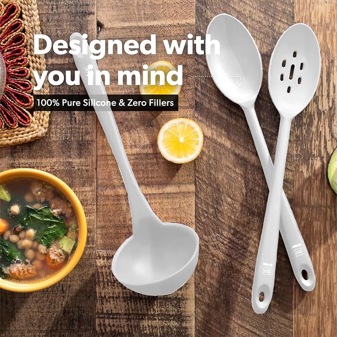DI ORO Silicone Ladle & Spoons for Cooking – Large Kitchen Spoons for Mixing, Serving, & Stirring - Soup Ladle with Wide Bowl - High Heat Silicone Kitchen Utensils for Nonstick Cookware Safe (Stone)