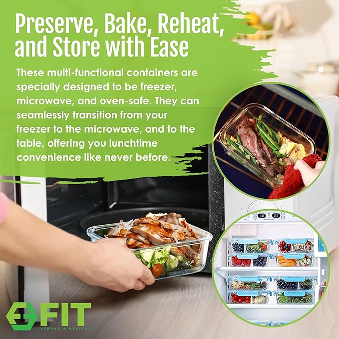 Glass Meal Prep Containers 3 Compartment, 3 Pack 32 oz Leakproof Lids Blue | Glass Bento Box for Portion Control, Airtight Snap-Lock, BPA-Free, Microwave Oven Freezer Dishwasher Safe Lunch Containers