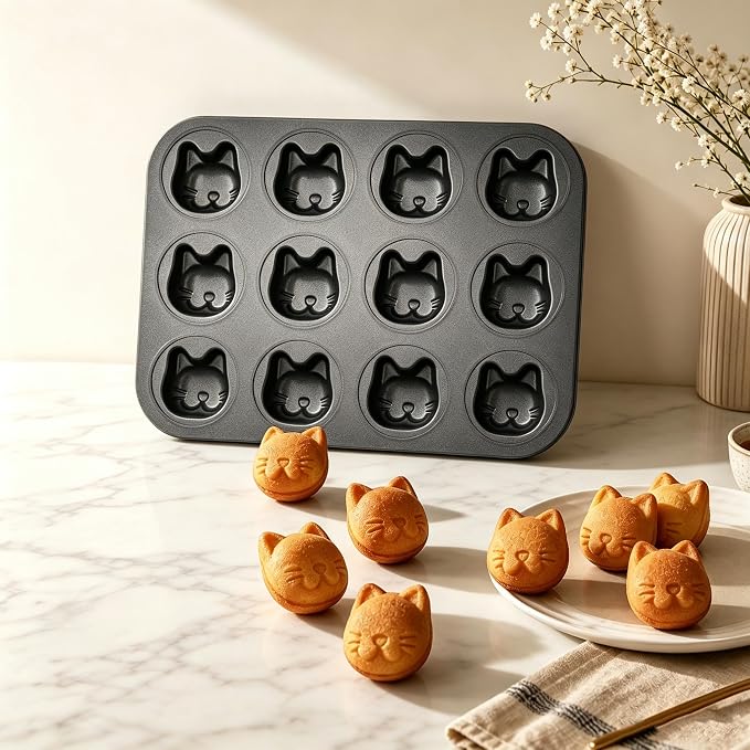 Mini Cat Shaped Muffin Pans, 12 Cavity Non-Stick Madeleine Mold Cake Pan, Mini Muffin for Edible Cat Cake Topper Decoration Shower Birthday Party Decorations