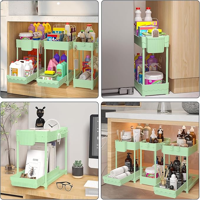 3 Pack Under Sink Organizers, 2-Tier Multi-Use Kitchen and Bathroom Organizers and Storage with Sliding Drawers, Bathroom Cabinet Organizer (Green, 14.8 Inch)