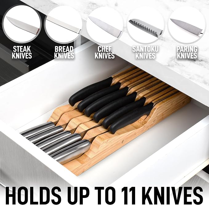 Zulay Kitchen Bamboo Knife Drawer Organizer Insert - Edge-Protecting Knife Organizer Block Holds Up To 11 Knives - Smooth Finish Drawer Knife Organizer Tray Fits In Most Drawers For Kitchen