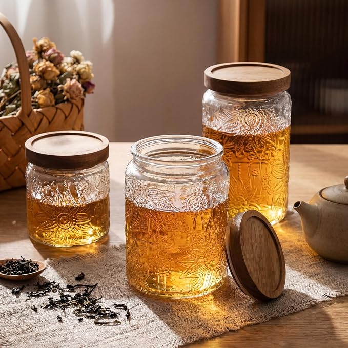 5 Pcs Sunflower Vintage Glass Jars with Bamboo Airtight Lid 17/24/34 oz Glass Food Containers Storage for Kitchen Counter Pantry Sugar Flour Coffee Tea Candy Oats Cereal(Round)