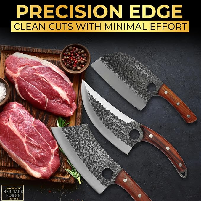 SliceElite Hand-Forged Professional Butcher Knife (3 PC BUTCHER KNIFE SET W/SANDLEWOOD HANDLES)