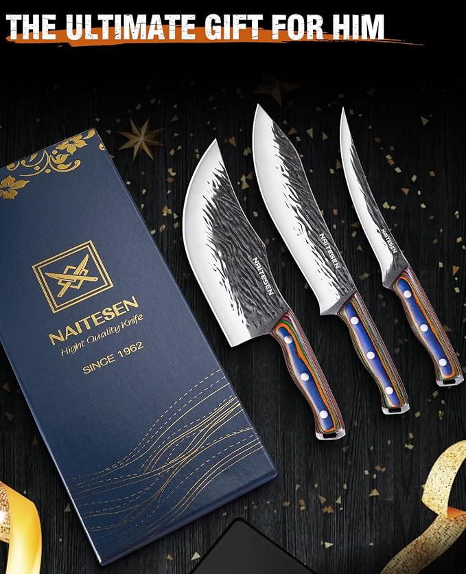Naitesen 3PCS Hand Forged Butcher Knife Set - Gold-Stamped Gift Box | 15° Razor Sharp 6.5" Serbian Chef Knife, 8.5" Meat Slicer & 6.5" Boning Knife for Meat Cutting Kitchen Cooking BBQ