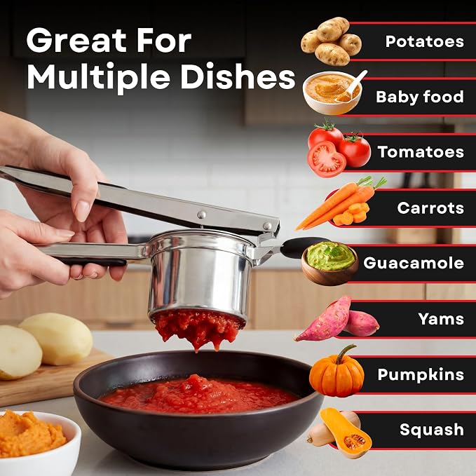 Large 15oz Potato Ricer - Professional 430 Stainless Steel Masher for Fluffy Mashed Potatoes, Gnocchi, Guacamole & Baby Food - Ergonomic Non-Slip Handles, Heavy Duty & Dishwasher Safe Kitchen Press
