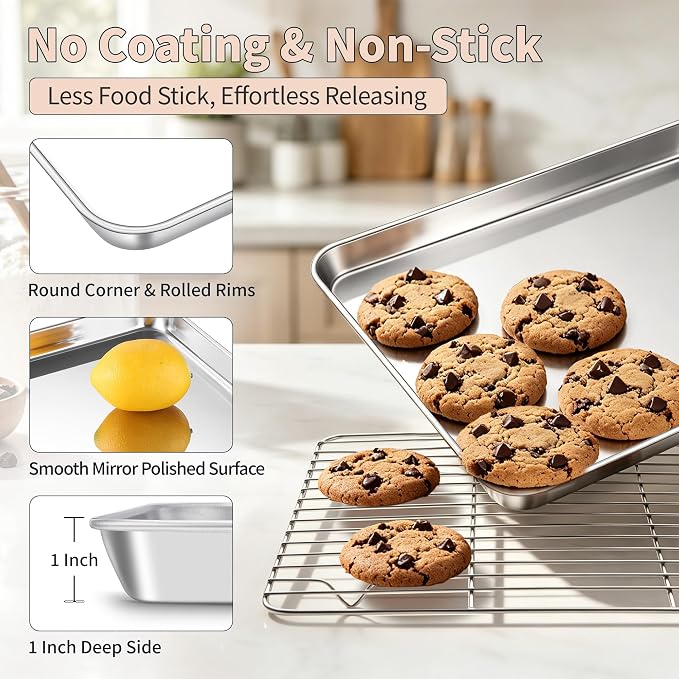TeamFar Stainless Steel Baking Sheet with Rack Set, 12.5"x 9.5"x1" | 2 Pans + 2 Racks, Cookie Sheet Baking Pan Tray with Cooling Rack for Cooking, Non-Toxic & Rust Proof, Dishwasher Safe