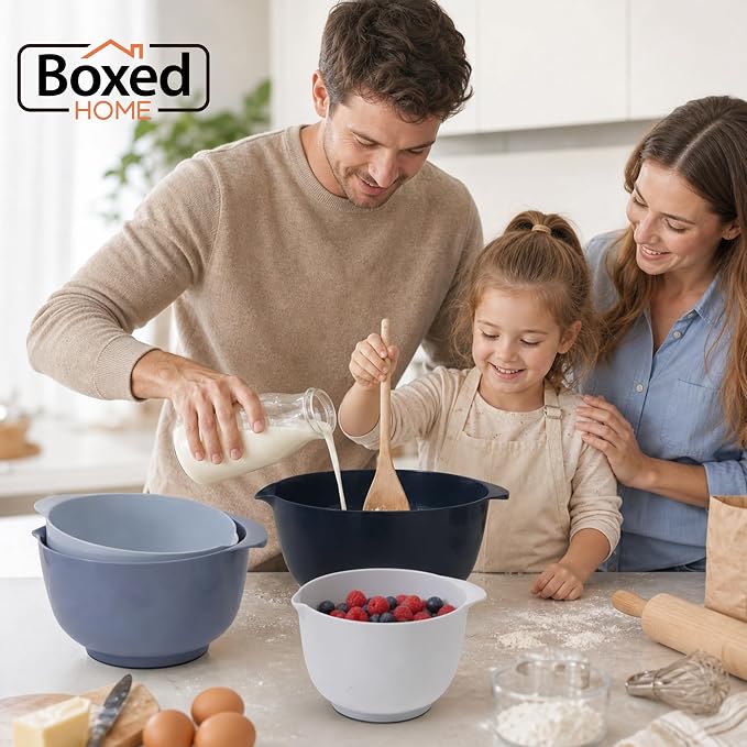 BoxedHome Classic Mixing Bowls Set of 4, BPA Free Plastic, Microwave Safe | 4.5, 3.5, 2.5 and 1.7 qt, Non-slip Base Large Non-toxic Nesting Bowl with Pour Spout, Dishwasher Safe, for Prep, Cooking