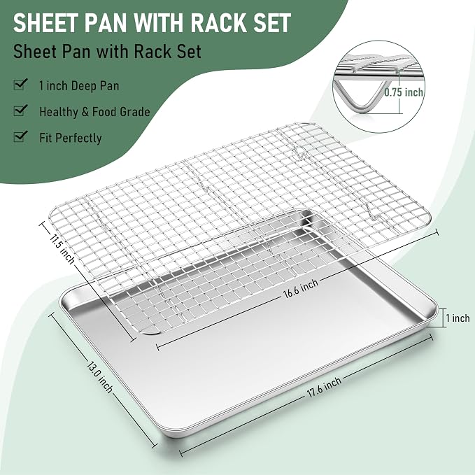 Homikit Baking Half Sheet with Rack Set (2 Pans+2 Cooling Racks), 18" x 13" | Stainless Steel Cookie Sheets Pan with Wire Cooling Racks for Baking, Nonstick Large Bacon Crisp Trays for Oven, Non Toxic