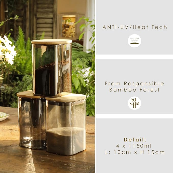 LIBWYS 4-Pack Anti-UV Square Glass Storage Jars with Bamboo Lids (1.22Qt) | Light Resistant Containers (LRC) for Pantry Organization, Coffee Beans, Loose Tea, Sugar, Pet Food | Kitchen Canisters Set