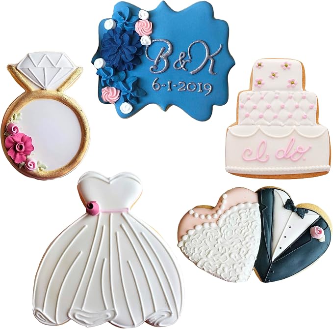 Ann Clark Wedding Cookie Cutters 5-Pc Set (Square Plaque, Wedding Cake, Wedding Dress, Diamond Ring, Double Heart) Made in USA