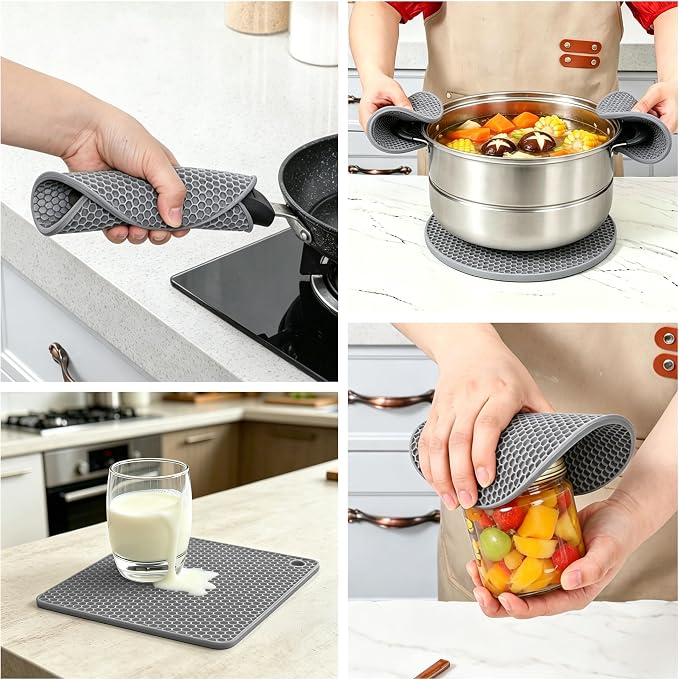 Trivets for Hot Dishes, Non-Slip Silicone Hot Pads for Kitchen Countertop Protector, BPA Free Heat Resistant Mat for Hot Pots and Pans 4-Pack Food Grade Silicone Grey